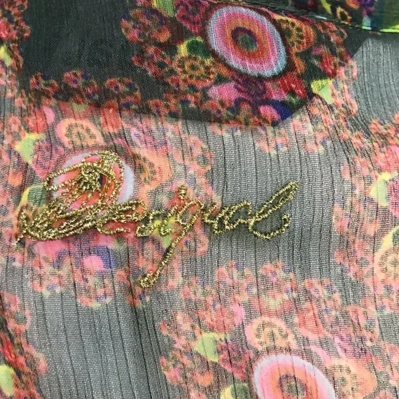 Desigual Sheer Floral Tie V-Neck Blouse S Y2K Cap Sleeve Art Print - Picture 7 of 17